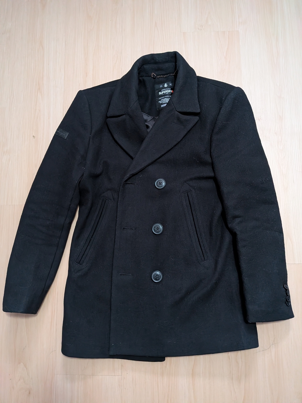 Superdry Men's Rookie Merchant Line Black Wool Blend Peacoat Size Medium